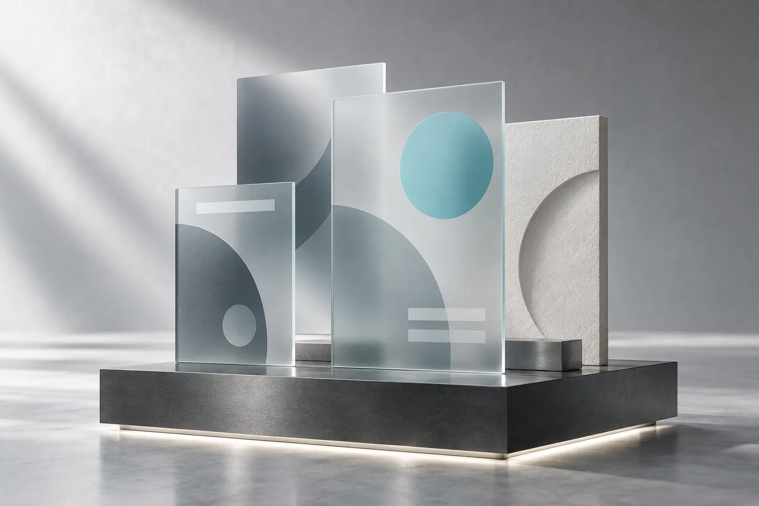 Frosted glass panels with geometric shapes on a graphite plinth.