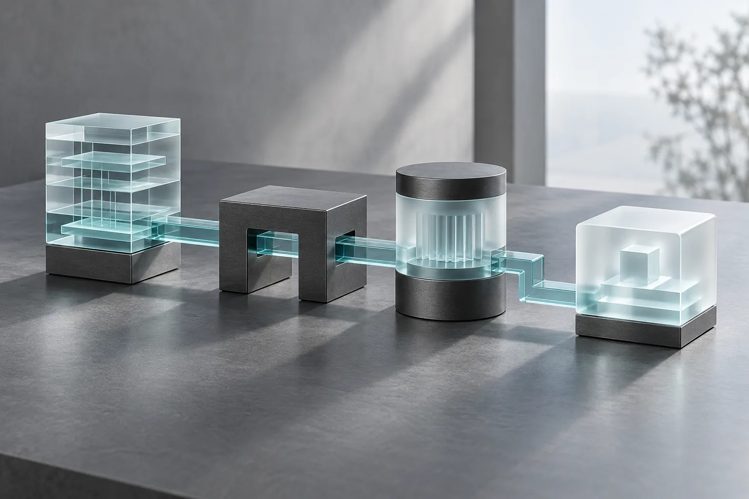Four glass and graphite modules linked by translucent cyan channels.